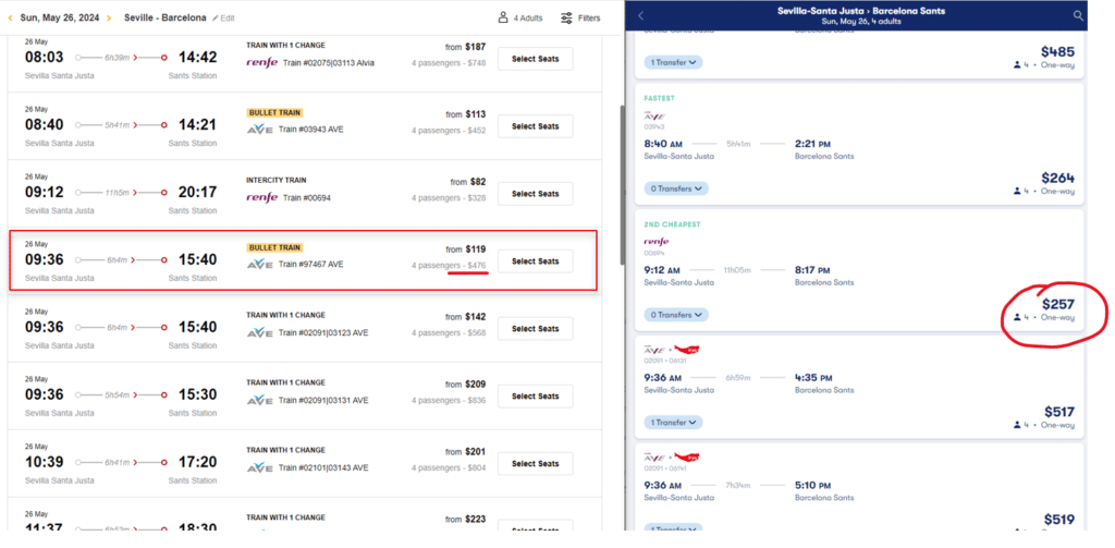 Price comparison between Rail Ninja and Omio