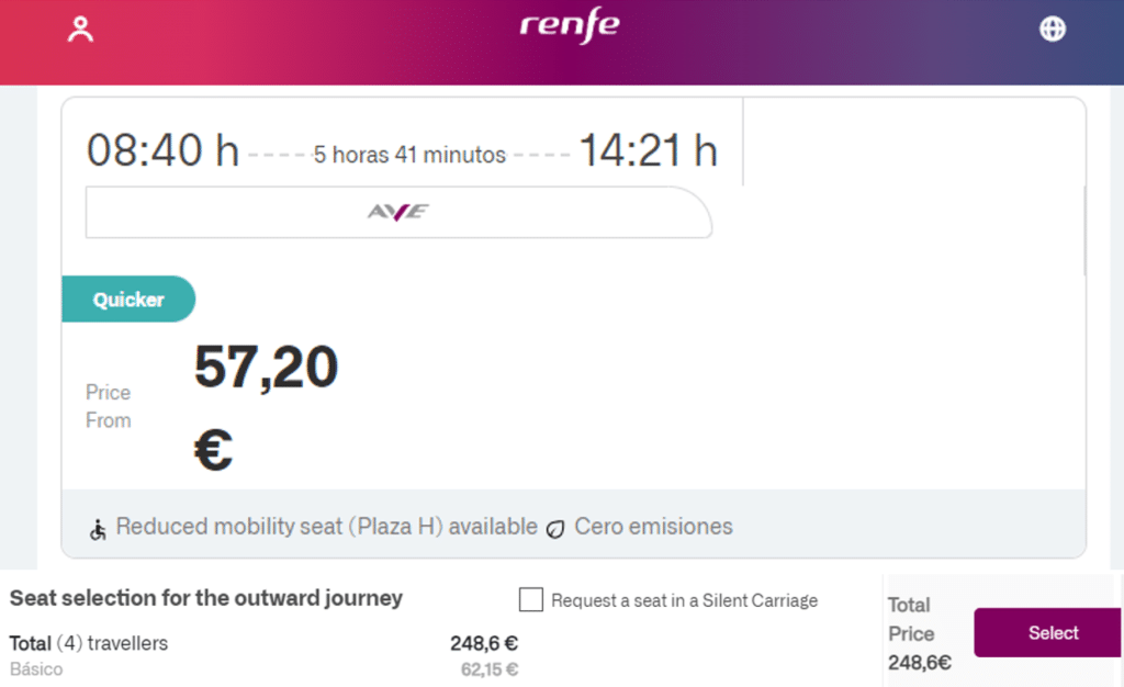 Renfe booking process