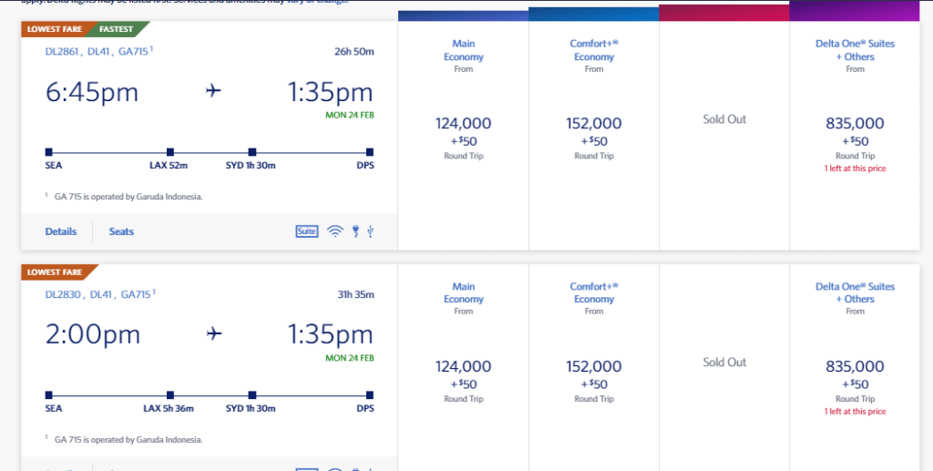 Delta.com SkyMiles flight search showing 2 layovers SEA→LAX→SYD→DPS costing 124,000 SkyMiles + $50