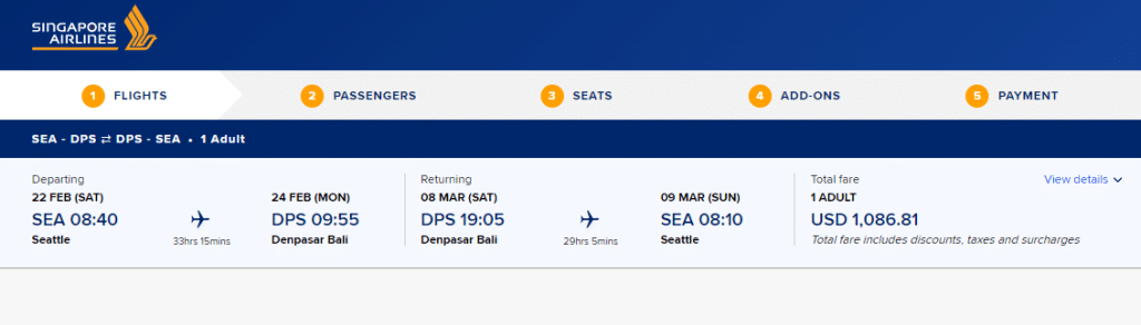Singapore Airlines itinerary SEA→DPS outbound Feb 22 and DPS→SEA return Mar 09 with total fare USD 1,086.81 including taxes and surcharges