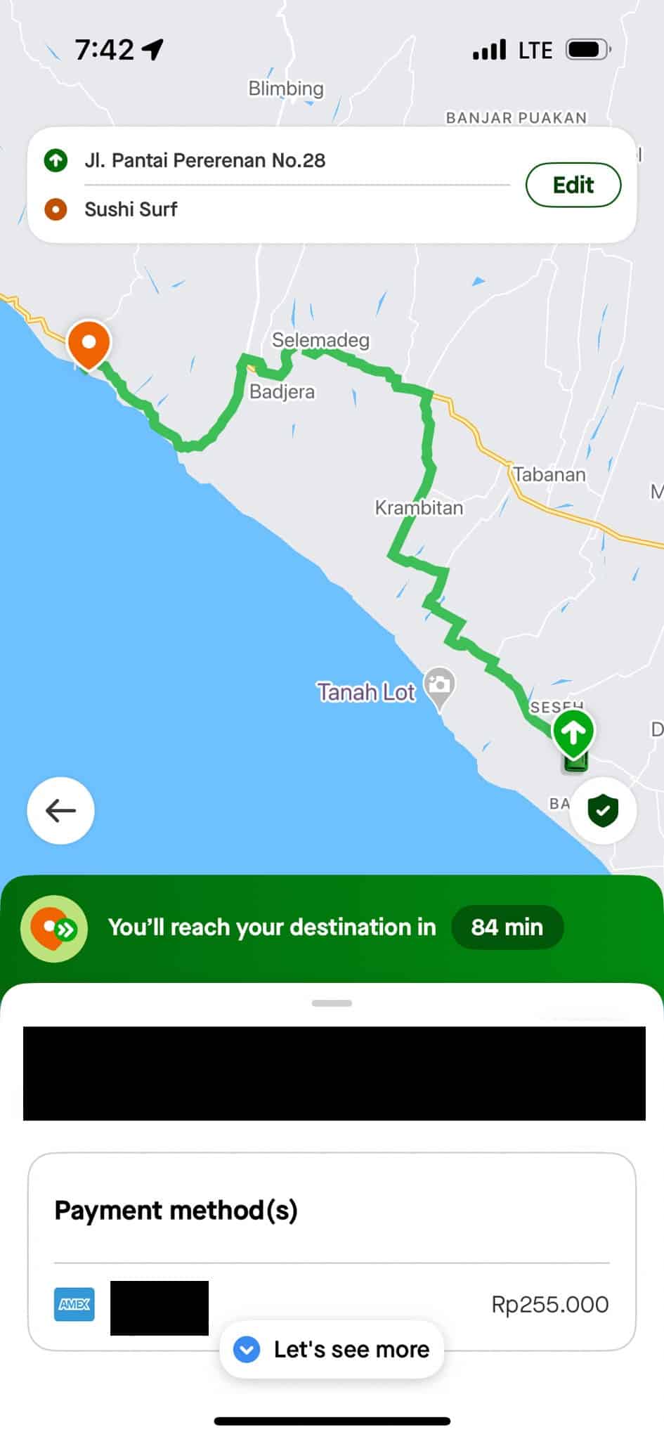 Gojek cost from Canggu to Balian beach