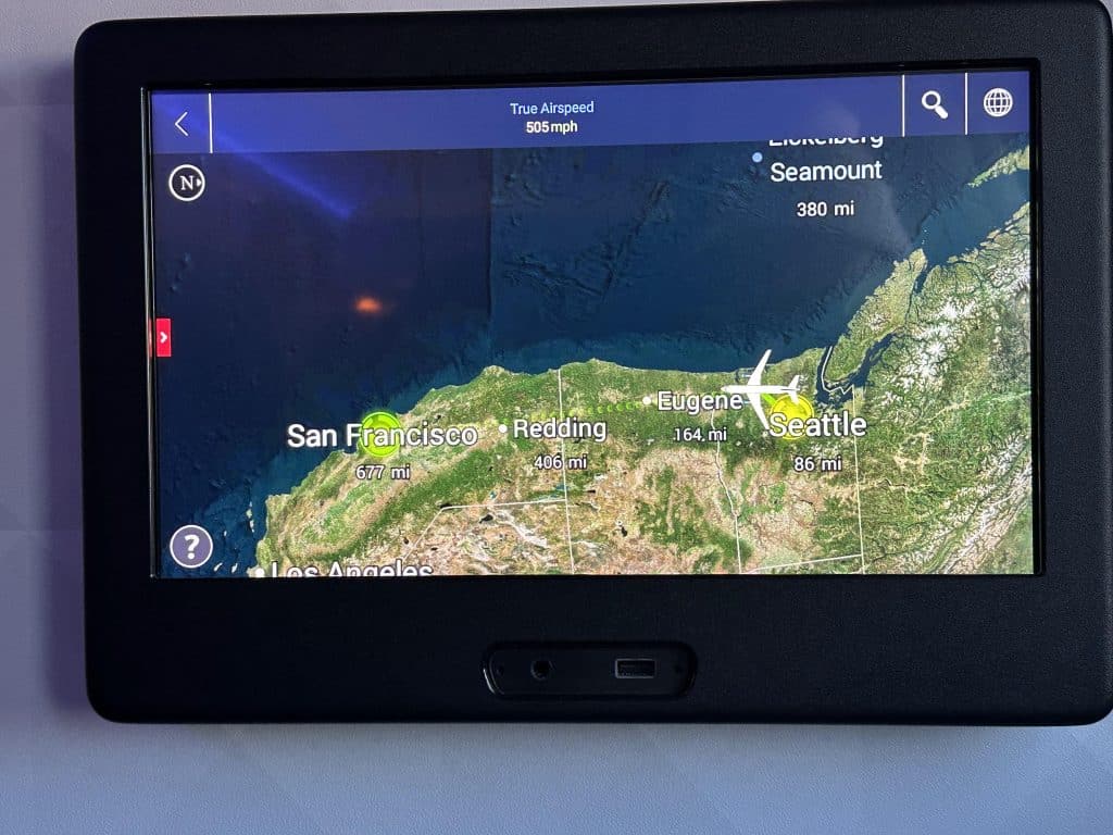 Delta seatback in-flight entertainment map displaying a Seattle to San Francisco