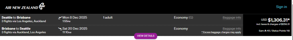 Screenshot of Air New Zealand booking showing Seattle to Brisbane economy round‑trip via Los Angeles and Auckland on December 8–20 2025 for USD 1,306.31, including Airpoints and Status Points information.