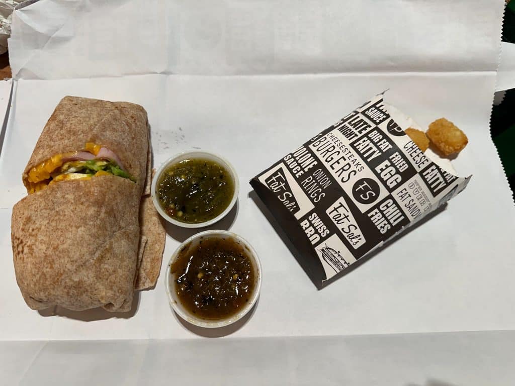 Fat Sal’s ham breakfast burrito with tater tots and green salsa from LAX Terminal 1.