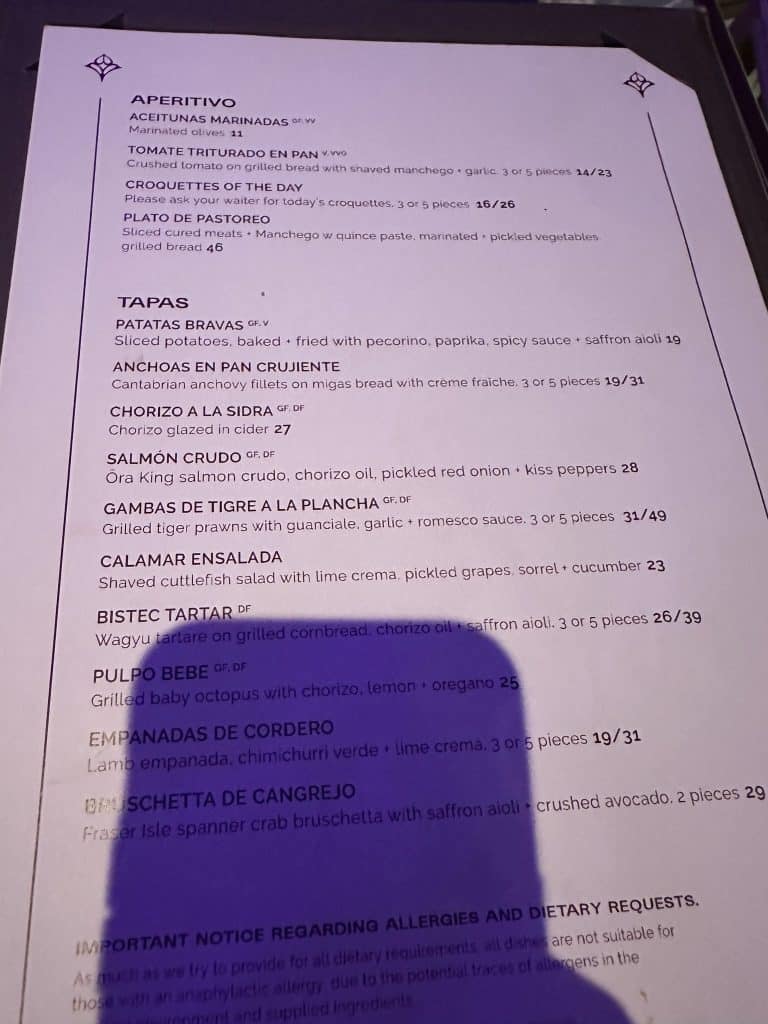 Iris Rooftop Bar menu at Hotel X Brisbane, featuring Spanish tapas and aperitivo dishes