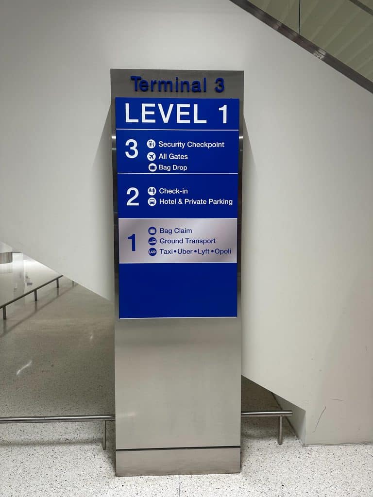 Terminal 3 directory at LAX with levels for ground transport, check-in, and security checkpoint.